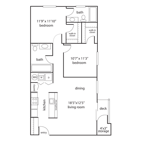 Floor plan for 2 beds, 2 baths, 1012 sqft
